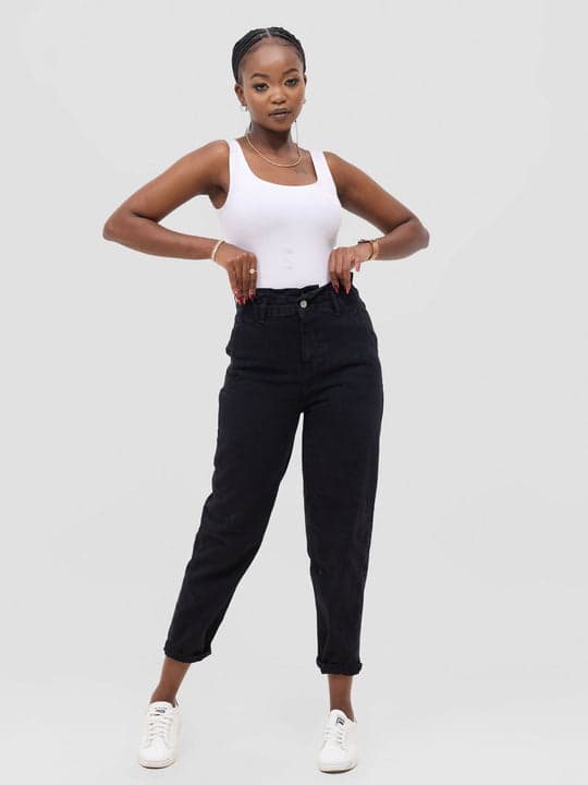 Paperbag Denim Pants - Black