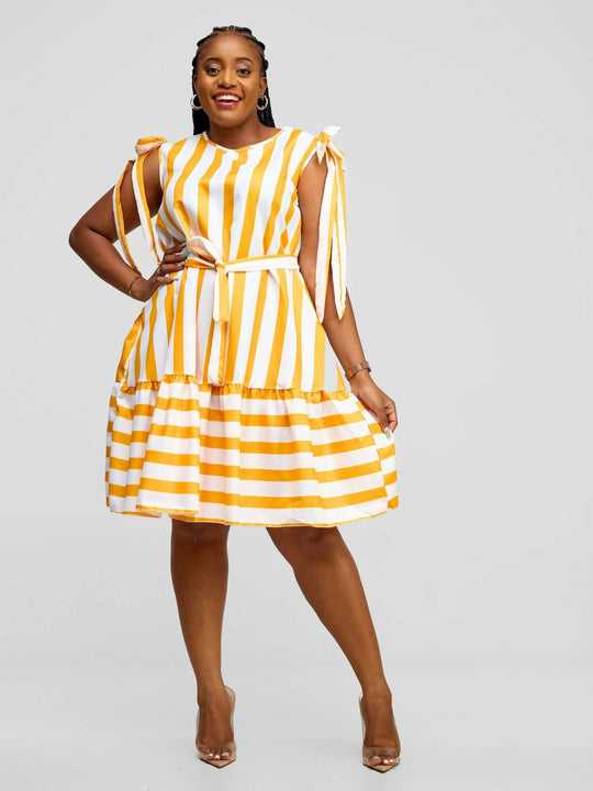 Nivae Stylish Sisters Dress - Yellow/White Stripes
