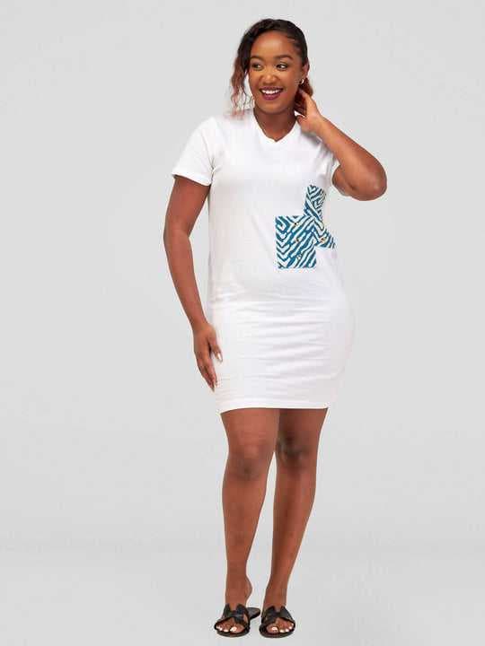 Vazi Afriq Cotton Jersey Blue Patched Dress - White