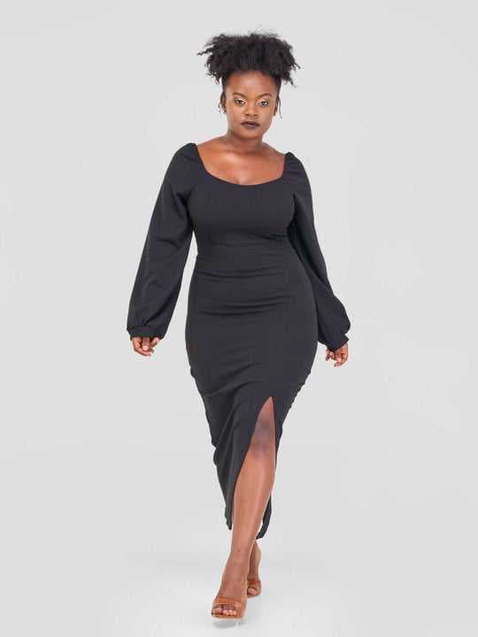 Stylish Sisters Black Cotton Bodycon Dress with a Slit