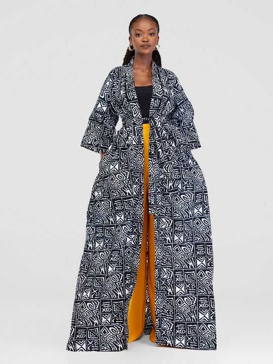 African Yuva Raven African Print Kimono - Black/White