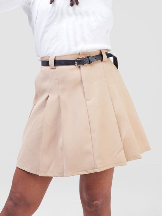 Dora Belted Pleated Skirt - Light Brown