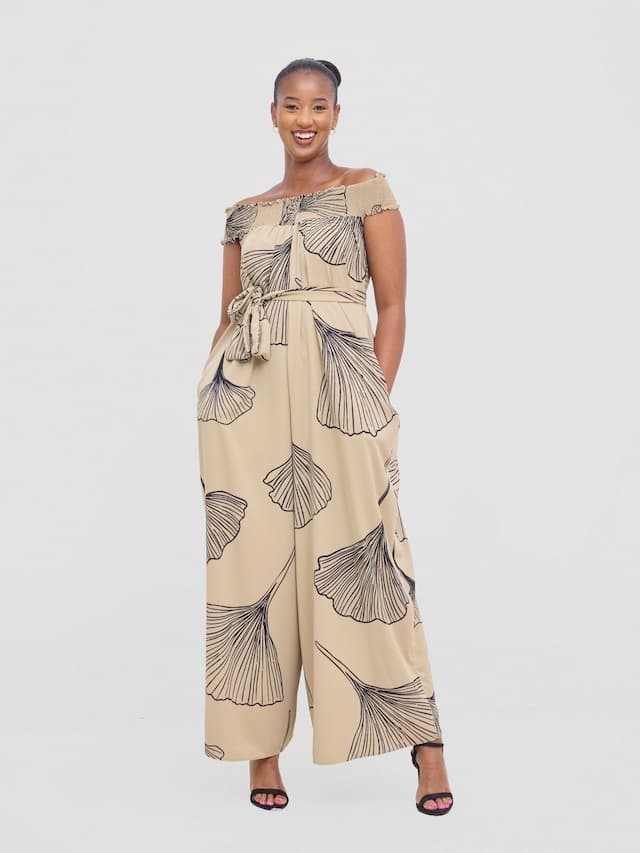 Vivo Alek Shirred Off- Shoulder Jumpsuit - Taupe / Black Haro Print