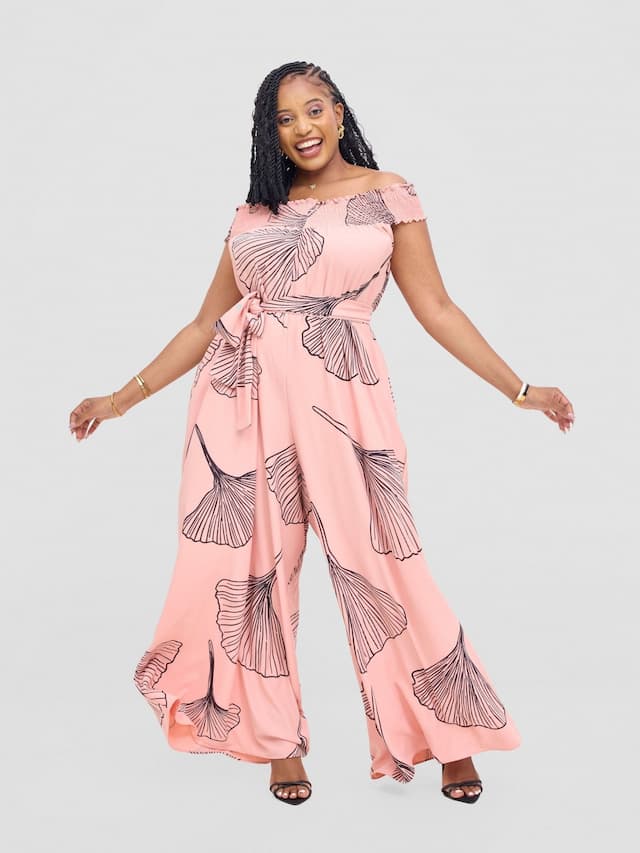 Vivo Alek Shirred Off- Shoulder Jumpsuit - Light Peach / Black Haro Print
