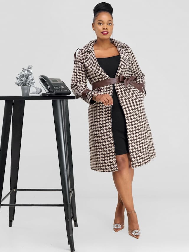Stylish Sisters Houndstooth Trench-Coat Jacket - Brown / White