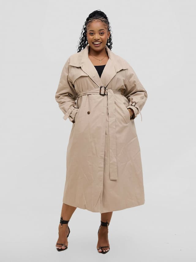 Hessed Double Breasted Buttoned & Belt Trench Coat - Beige
