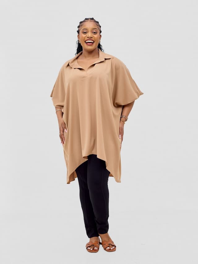 Vivo Ava Shirt Collar Tunic Top - Light Tan