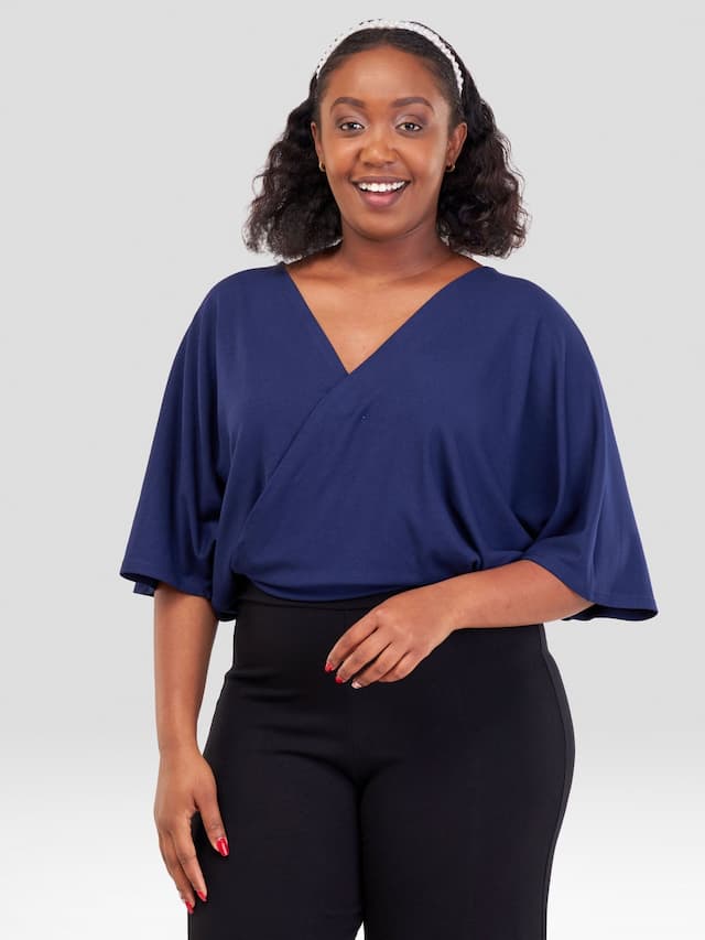 Vivo Jira Front Overlap Midriff Top - Navy Blue