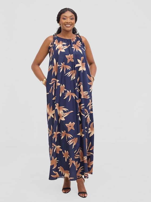 Vivo Maisha Strappy Maxi Cover Up Dress - Brown / Navy Print