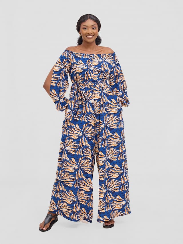 Vivo Yumi Off Shoulder Jumpsuit - Navy / Orange Miyu Print