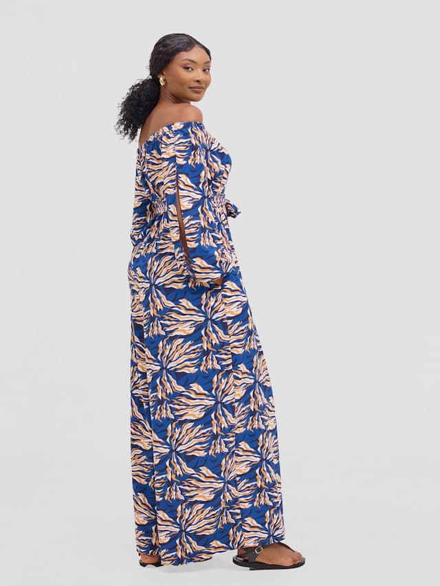 Vivo Yumi Off Shoulder Jumpsuit - Cream / Navy Miyu Print