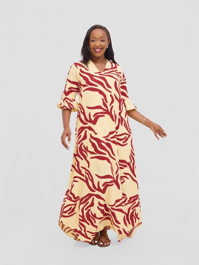 Vivo Dali 3/4 Cut Out Sleeve Maxi Dress - Cream / Maroon Print