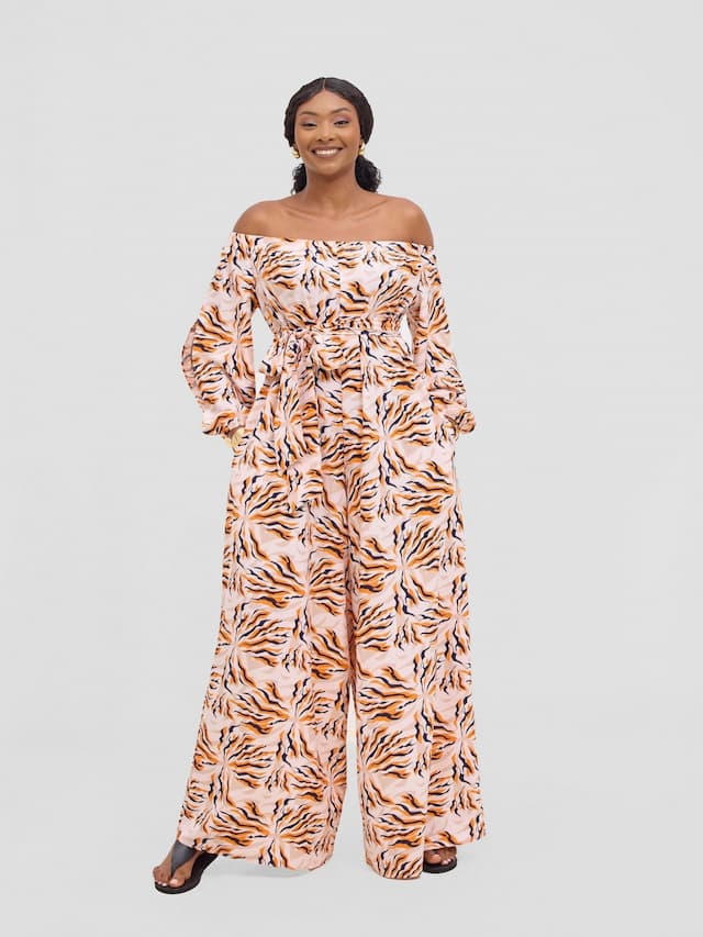 Vivo Yumi Off Shoulder Jumpsuit - Orange / Black Miyu Print