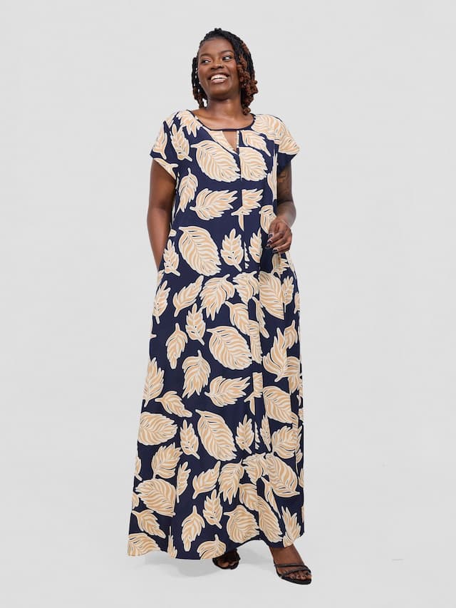Vivo Sakari Cap Sleeve Maxi Dress - Dark Navy / Peach Print