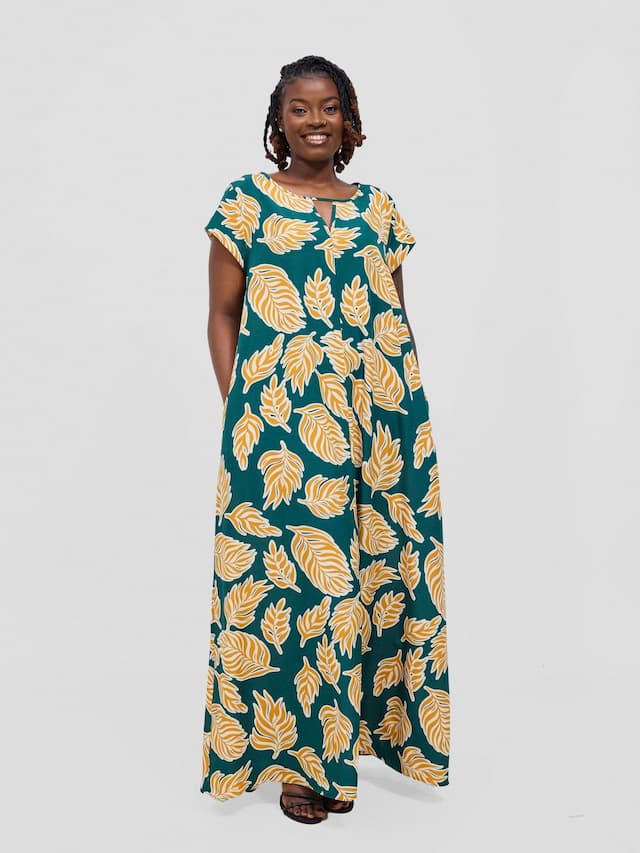 Vivo Sakari Cap Sleeve Maxi Dress - Green / Mustard Print