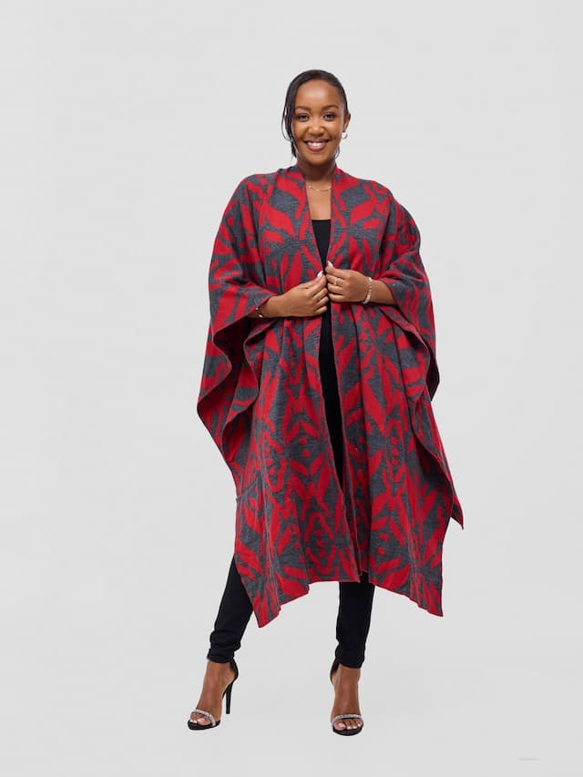 Vivo Reversible Poncho without Fringes - Cherry /  Dark Mix Grey Ukwi Print