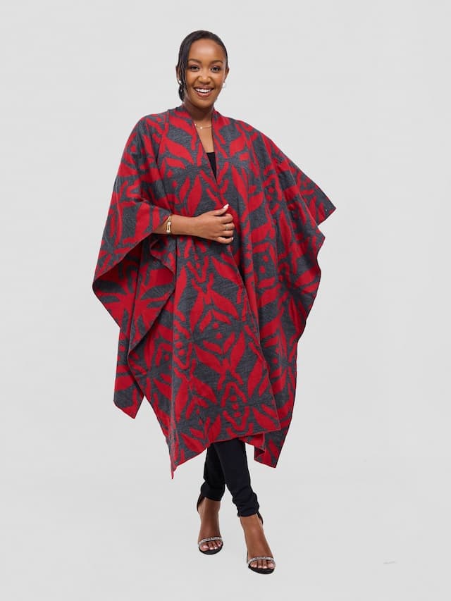 Vivo Reversible Poncho without Fringes - Cherry /  Dark Mix Grey Ukwi Print