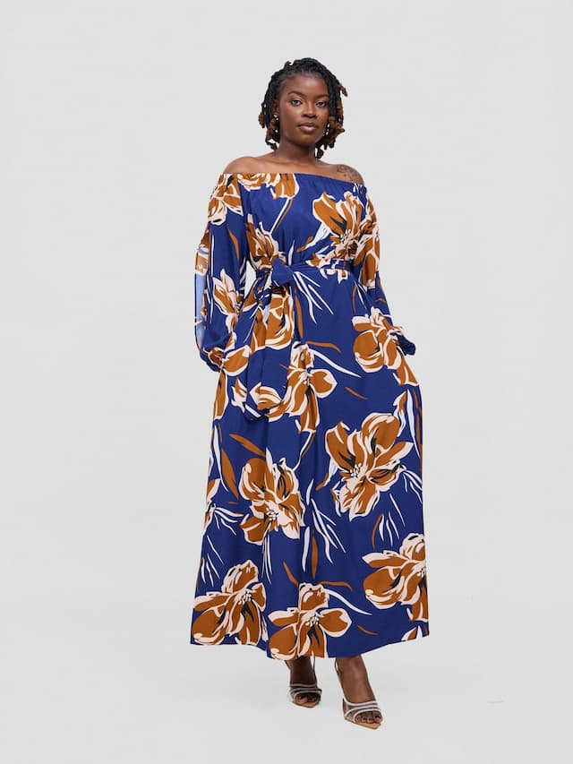 Vivo Yumi Off Shoulder Maxi Dress - Brown / Navy Kigali Print