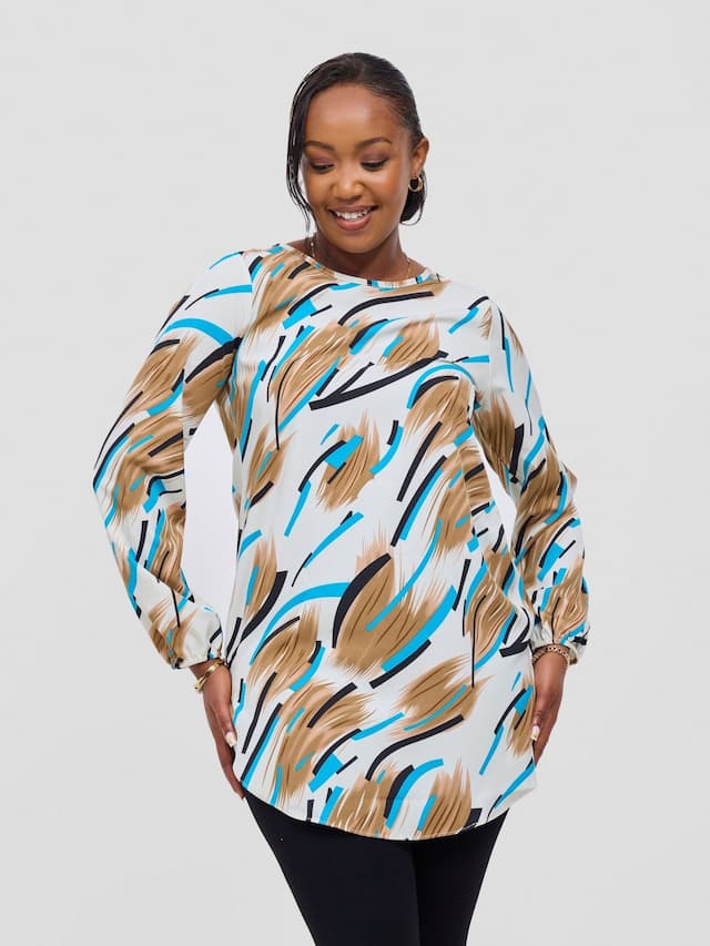 Vivo Basic Tsavo Scalloped Chiffon Top - Cream / Brown Print