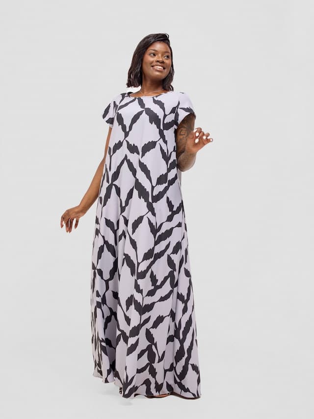 Vivo Basic Cap Sleeve Maxi Tent Dress - Grey / Black Diti Print
