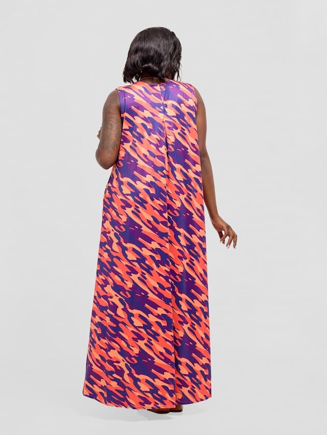Vivo Lumi Back Pleat Maxi Dress - Orange / Burgundy Isi Print