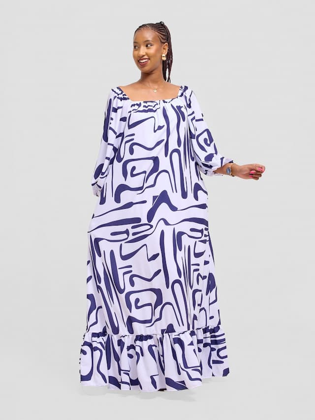 Vivo Serwa Square Neck Maxi Dress - White / Navy Sera Print