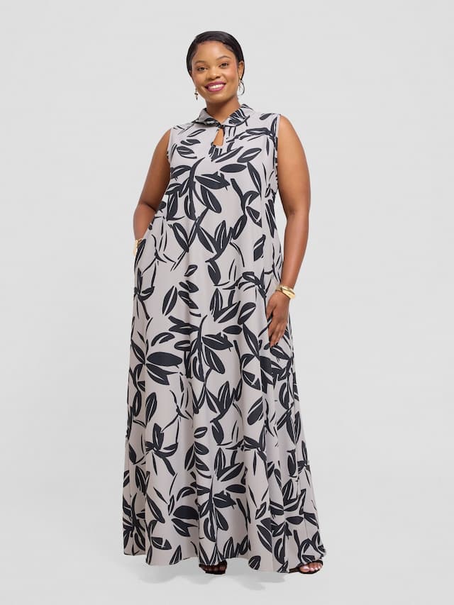 Vivo Asha Sleeveless Maxi Dress - Grey / Black Jilo Print