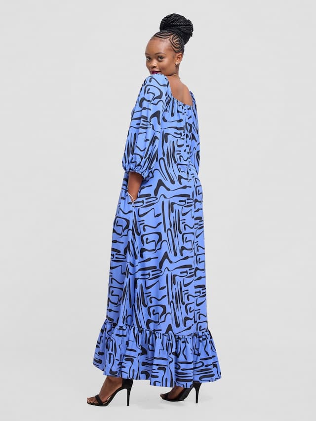 Vivo Serwa Square Neck Maxi Dress - Blue / Black Sera Print