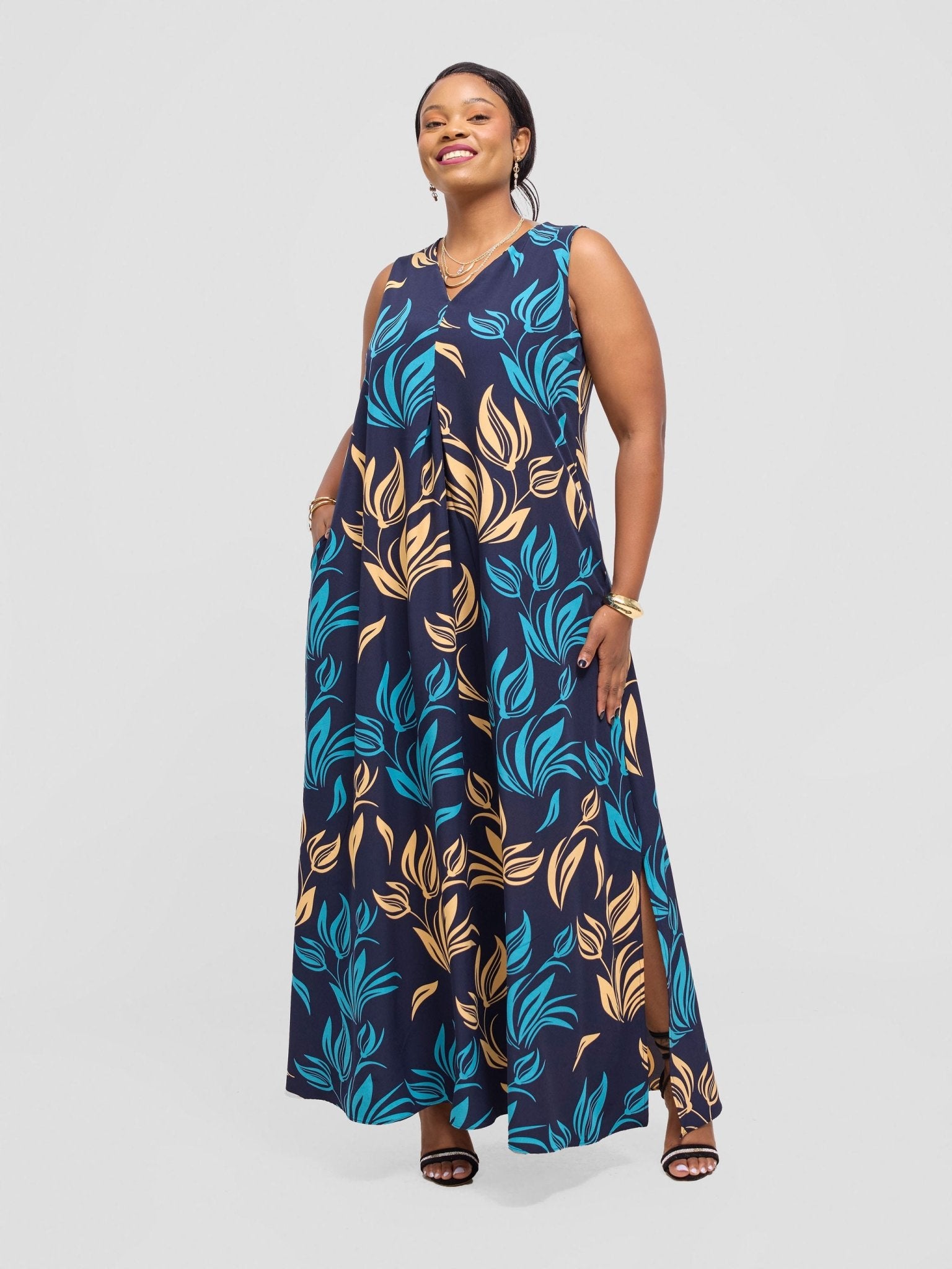 Vivo Ava Front Pleat Maxi Dress - Navy / Mustard Ama Print