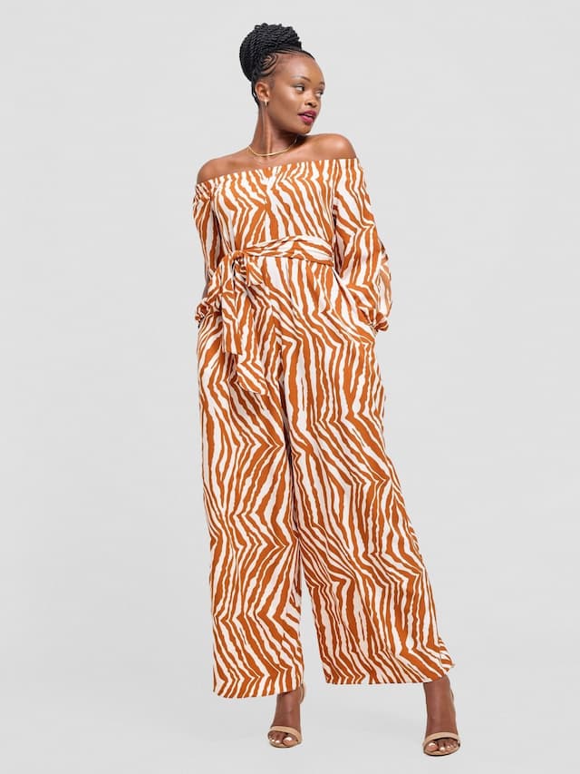 Vivo Yumi Off Shoulder Jumpsuit - Cream / Brown Mistari Print