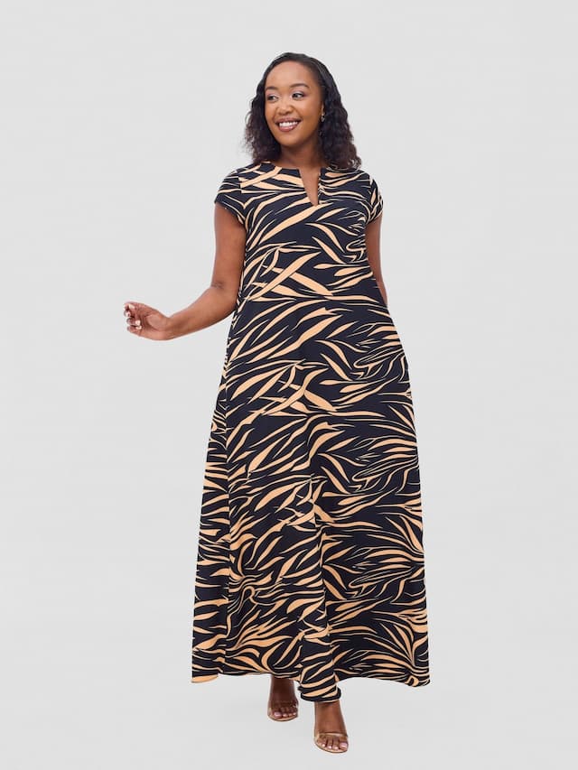 Vivo Zola V Neck Cap Sleeve Maxi Dress - Black / Orange Print
