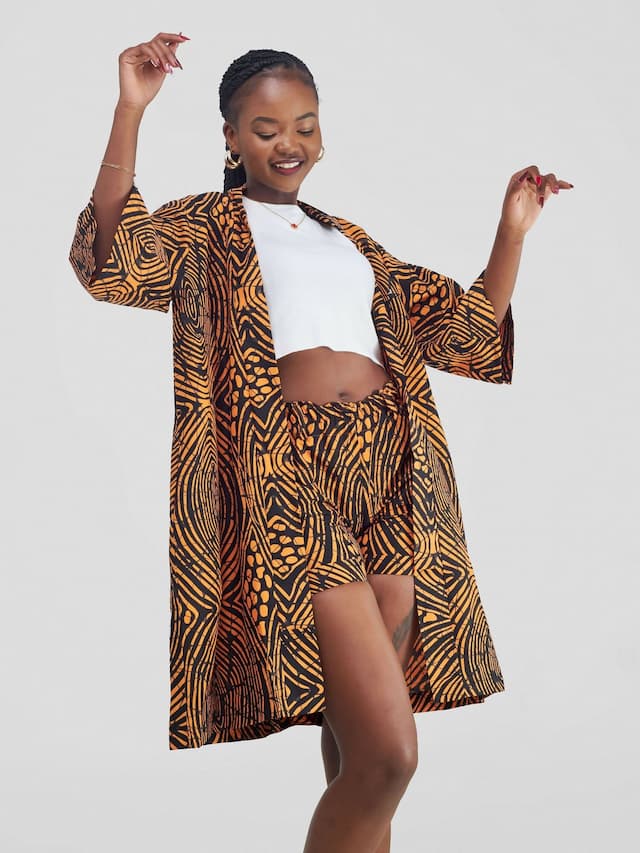 Amelia African Print Short Kimono Set - Mustard Print