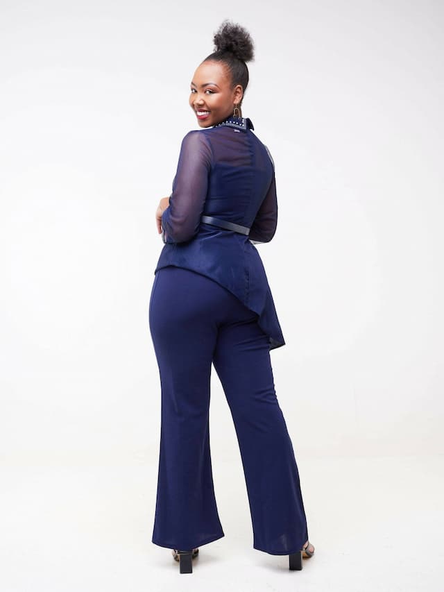 Trouser Suit With Uneven Sequin Top - Blue