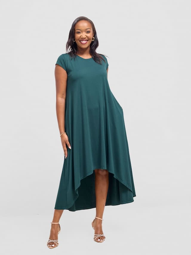 Vivo Ponte Back Pleat High Low Dress - Dark Green