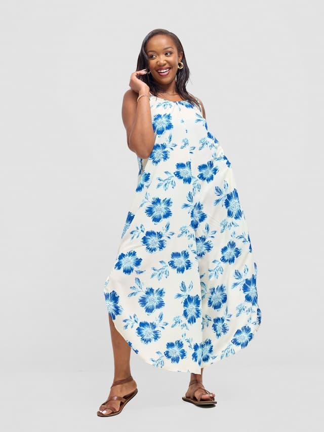 Vivo Maisha Strappy Culotte Jumpsuit - Cream / Blue Print