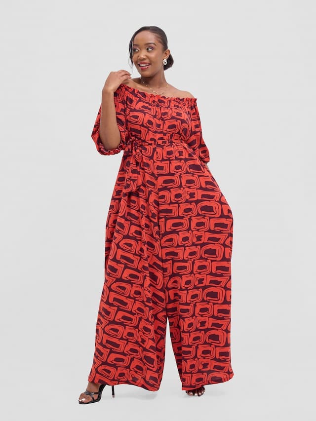 Vivo Ayla Off-Shoulder Jumpsuit -Orange / Burgundy Umbo Print