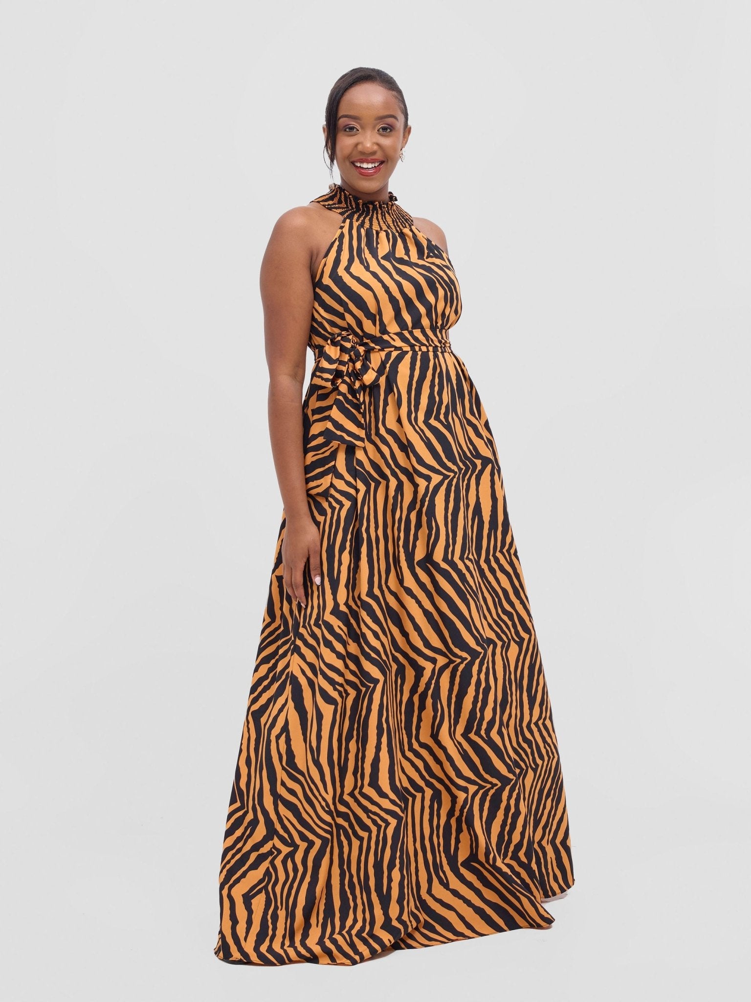 Vivo Alek Halter Neck Maxi Dress - Orange / Black Mistari Print