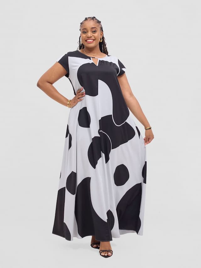 Vivo Sakari Cap Sleeve Maxi Dress - Light Grey / Black Meda Print