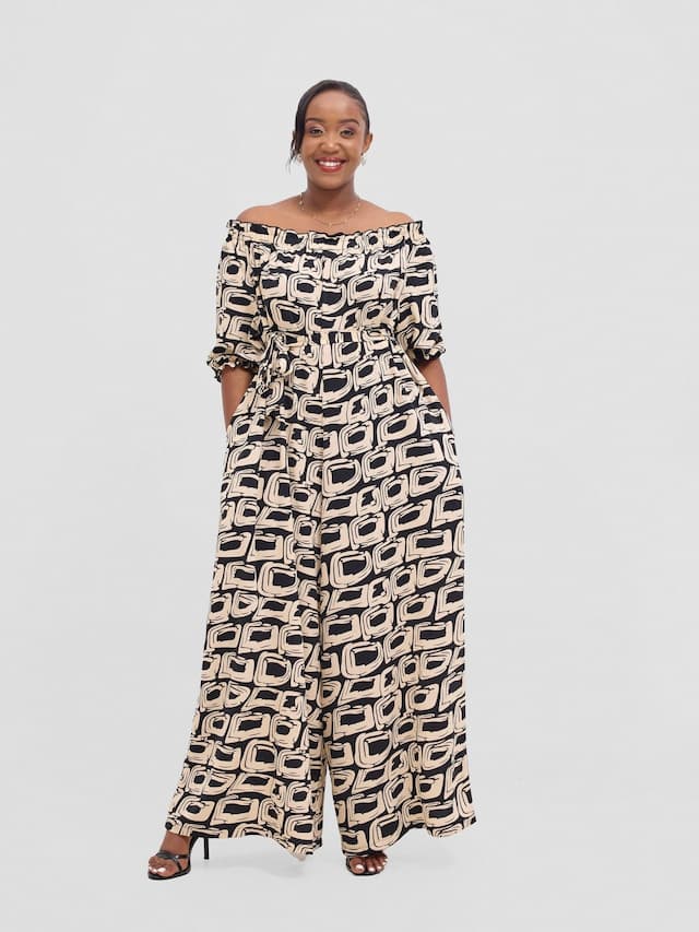 Vivo Ayla Off-Shoulder Jumpsuit -Black / Taupe Umbo Print