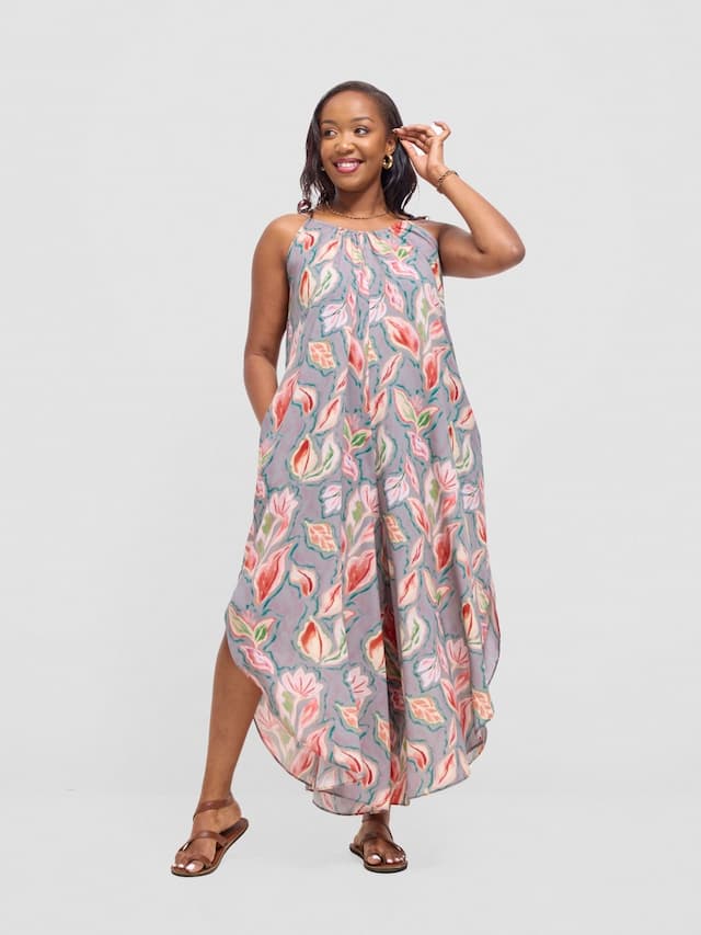 Vivo Maisha Strappy Culotte Jumpsuit - Grey / Pink Print