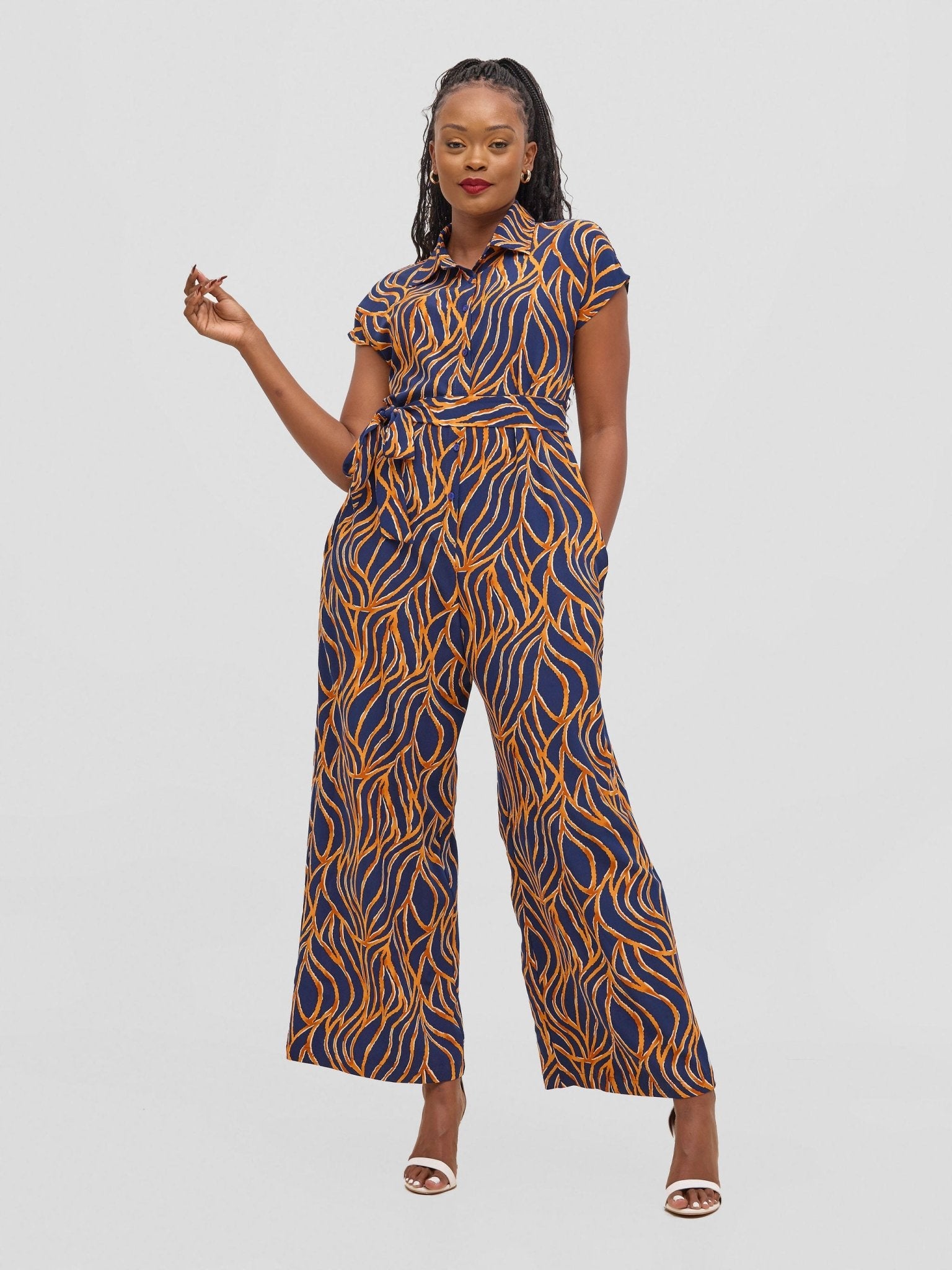Vivo Ayla Drop Shoulder Jumpsuit - Navy / Orange Print