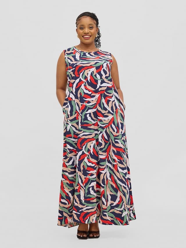 Vivo Basic Sleeveless Tent Maxi Dress - Red / Green Print