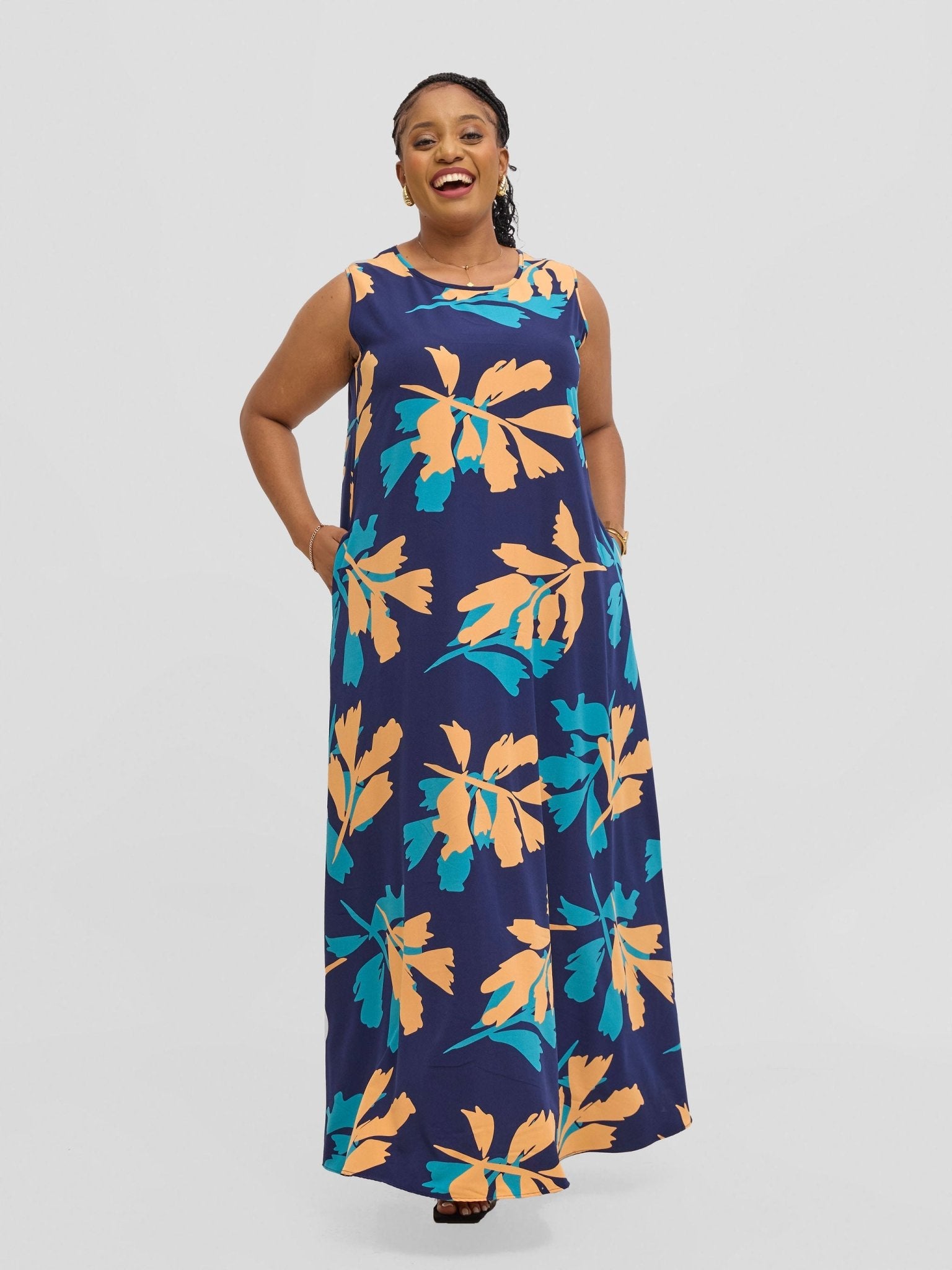 Vivo Basic Sleeveless Tent Maxi Dress - Navy / Peach Print