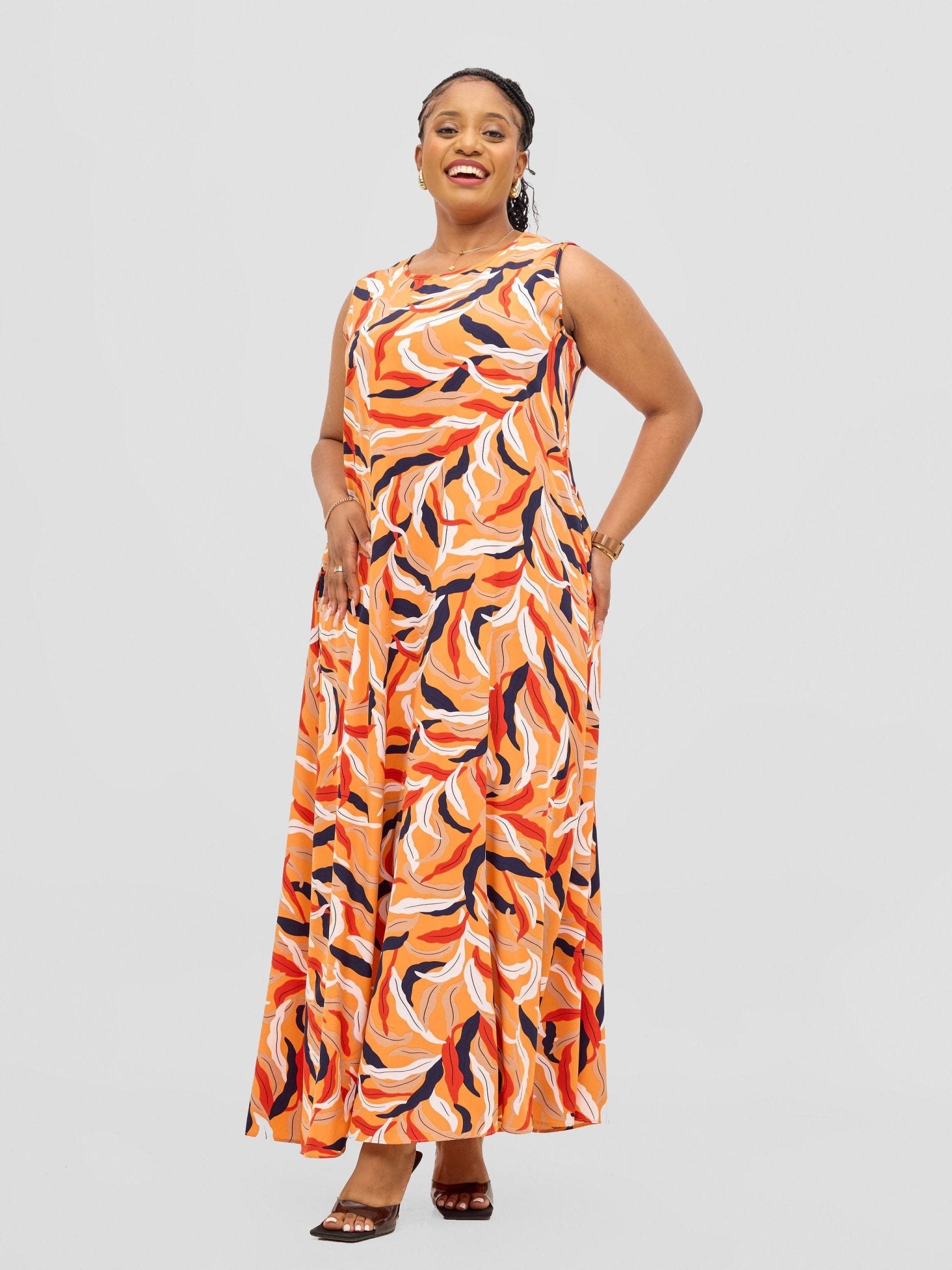 Vivo Basic Sleeveless Tent Maxi Dress - Orange / Red Print