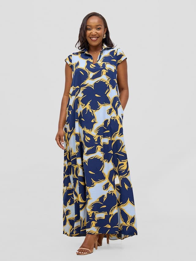 Vivo Zuri Cap Sleeved Maxi Dress - Navy / Cream Uri Print