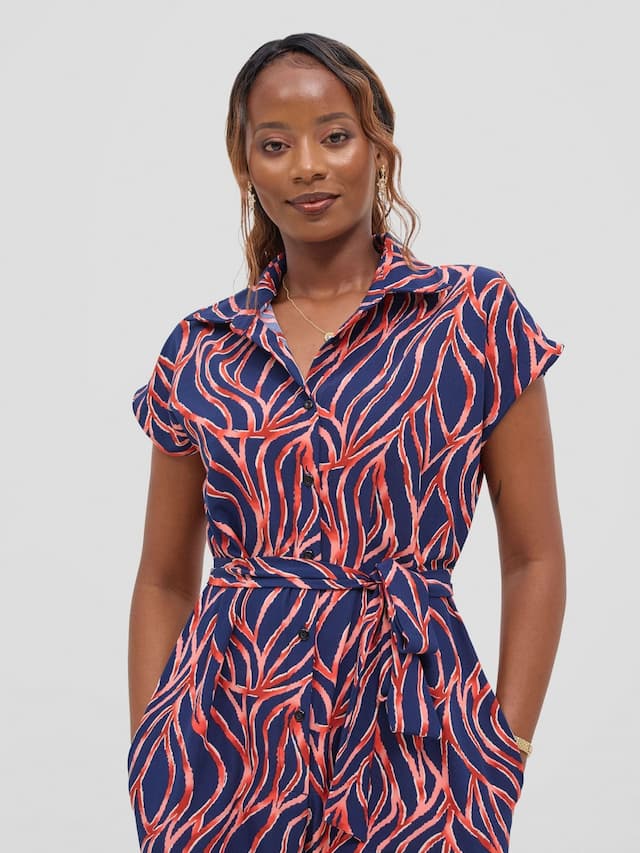 Vivo Ayla Drop Shoulder Jumpsuit - Navy / Cream Print