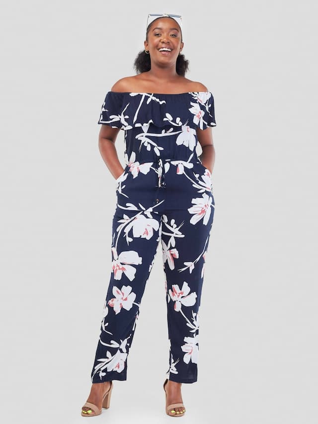 Immaculate Chic Floral Off-shoulder Jumpsuit - Navy Floral