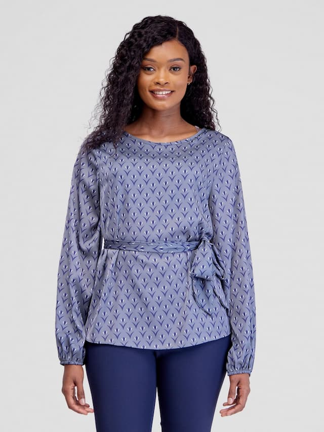 Vivo Basic Satin Bishop Sleeved Top - Grey / Navy Nina Print