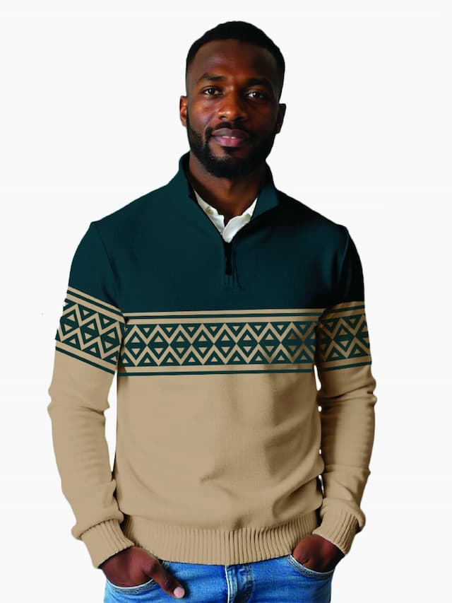 Kitu Kali Men Knitwear Half-Zip Sweater - Beige / Green