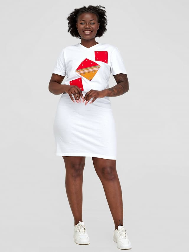 Vazi Afriq Cotton Jersey / Kikoy T-Shirt Dress - White